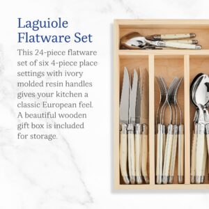 Jean Dubost Laguiole 24-Piece Everyday Flatware Set, Ivory Handles - Rust-Resistant Stainless Steel - Includes Wooden Tray - Made in France