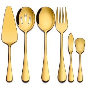 homikit 6 pieces gold serving utensils, modern stainless steel serving hostess set with serving spoons, serving fork, pie server, butter knife, ice cream spoon, mirror polished, dishwasher safe