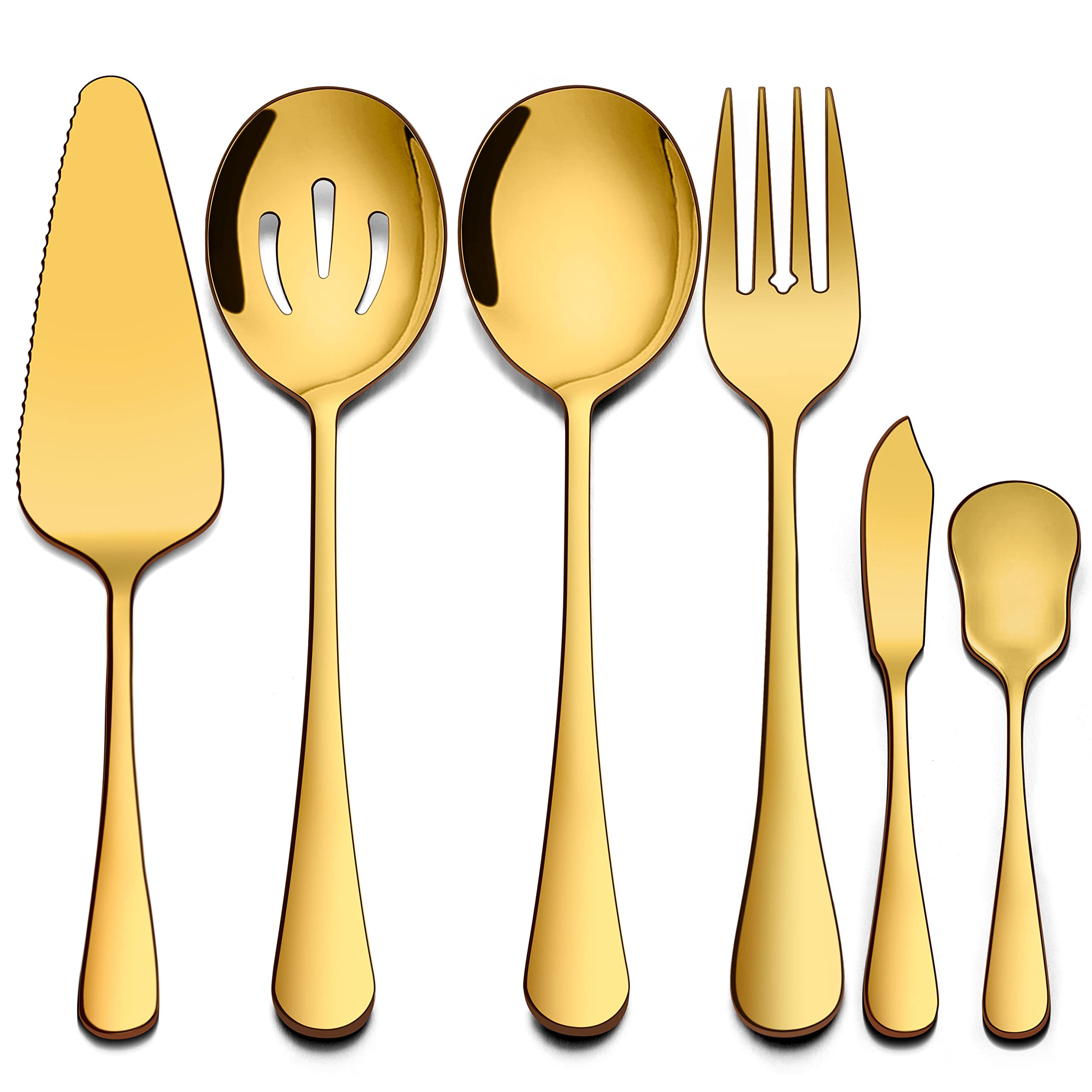 Homikit 6 Pieces Gold Serving Utensils, Modern Stainless Steel Serving Hostess Set with Serving Spoons, Serving Fork, Pie Server, Butter Knife, Ice Cream Spoon, Mirror Polished, Dishwasher Safe