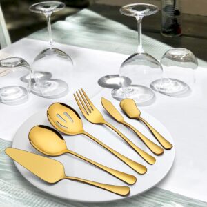 Homikit 6 Pieces Gold Serving Utensils, Modern Stainless Steel Serving Hostess Set with Serving Spoons, Serving Fork, Pie Server, Butter Knife, Ice Cream Spoon, Mirror Polished, Dishwasher Safe