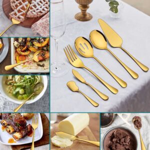 Homikit 6 Pieces Gold Serving Utensils, Modern Stainless Steel Serving Hostess Set with Serving Spoons, Serving Fork, Pie Server, Butter Knife, Ice Cream Spoon, Mirror Polished, Dishwasher Safe