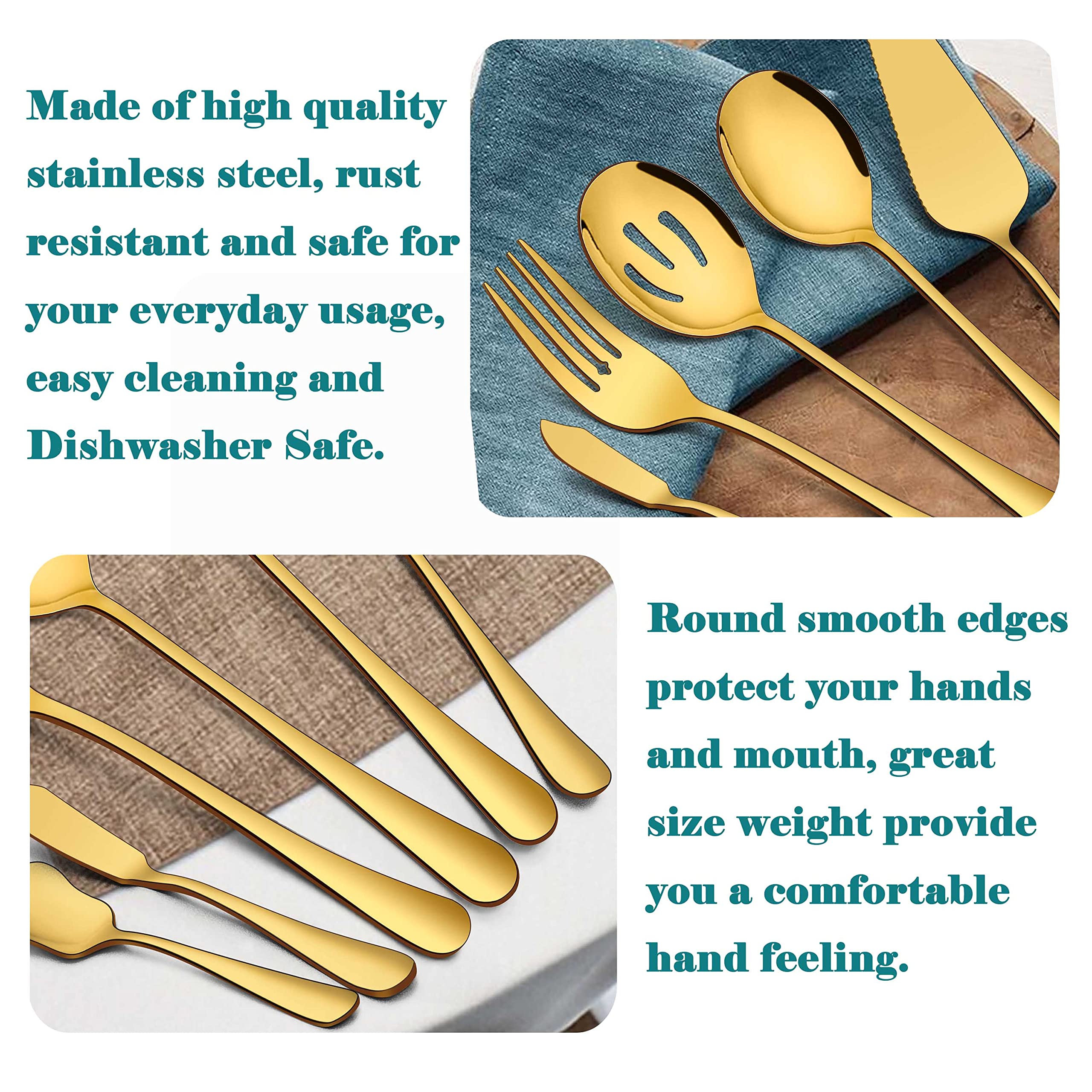 Homikit 6 Pieces Gold Serving Utensils, Modern Stainless Steel Serving Hostess Set with Serving Spoons, Serving Fork, Pie Server, Butter Knife, Ice Cream Spoon, Mirror Polished, Dishwasher Safe