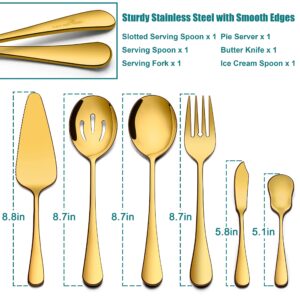 Homikit 6 Pieces Gold Serving Utensils, Modern Stainless Steel Serving Hostess Set with Serving Spoons, Serving Fork, Pie Server, Butter Knife, Ice Cream Spoon, Mirror Polished, Dishwasher Safe