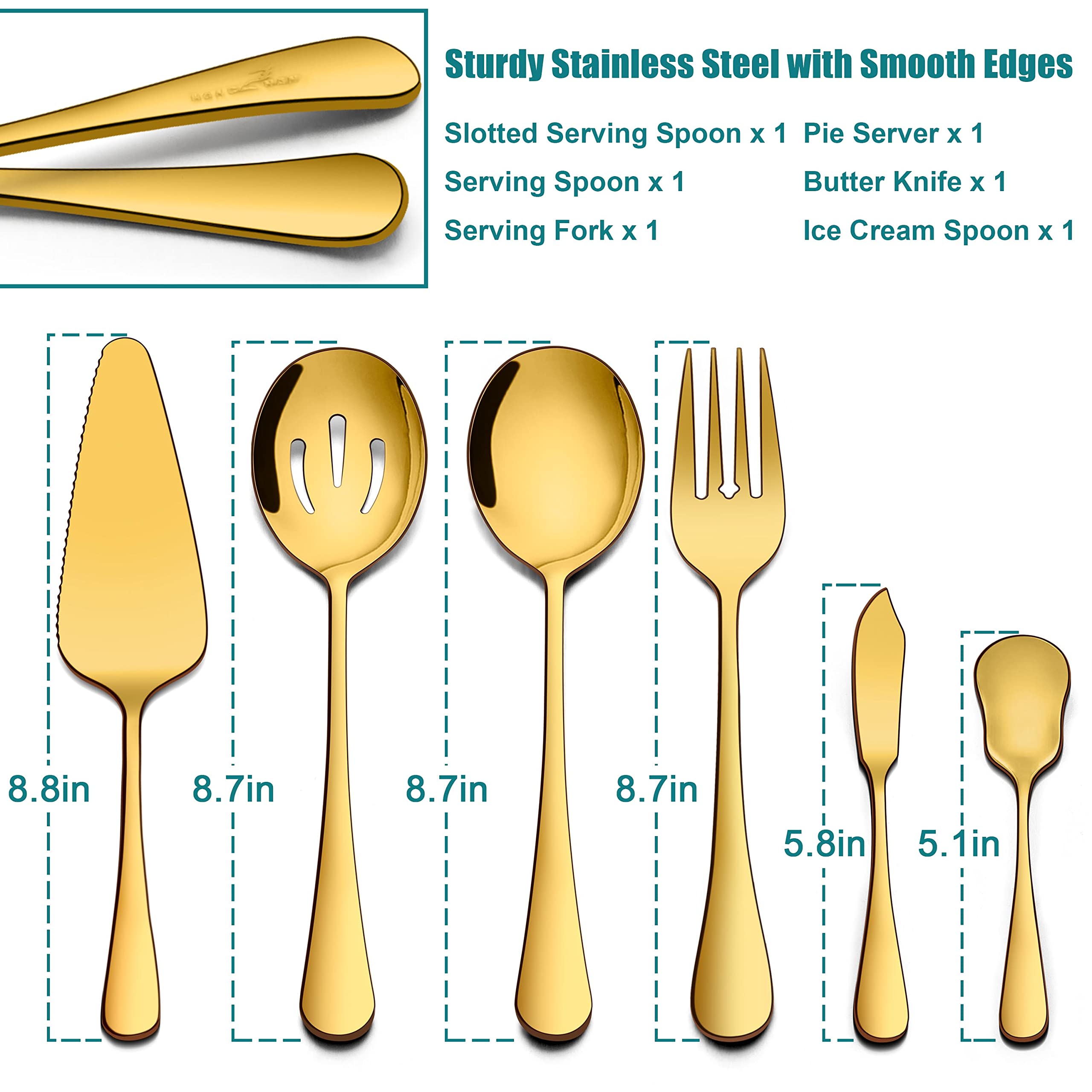 Homikit 6 Pieces Gold Serving Utensils, Modern Stainless Steel Serving Hostess Set with Serving Spoons, Serving Fork, Pie Server, Butter Knife, Ice Cream Spoon, Mirror Polished, Dishwasher Safe