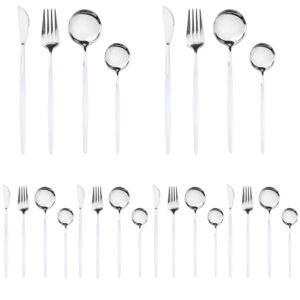 dnalrhoi 24-piece korean silverware sets mirror polished stainless steel western flatware cutlery set service for 6 including forks spoons knives kitchen(white silver)
