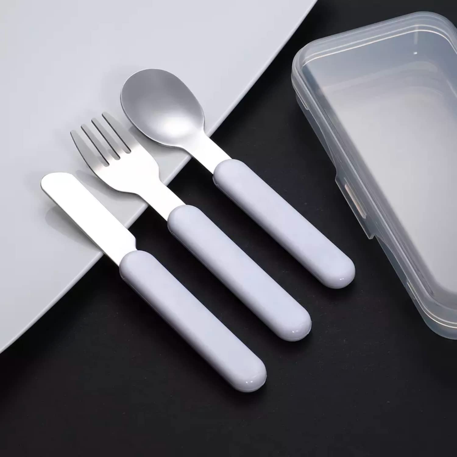 Portion Control Flatware Set for Healthy Eating or Bariatric Diet, Includes Stainless Steel Spoon, Fork, and Knife, Helps Reduce Food Intake Amounts, 3 Piece Set (3 Piece Set (White with Case))