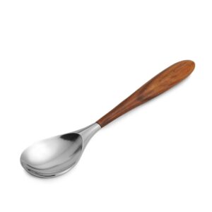 nambe curvo serving spoon | 13 inch serving spoon for buffets, salads, and dinner parties | made of stainless steel and acacia wood | designed by steve cozzolino