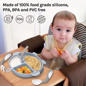 Qishare Silicone Suction Plates for Babies & Toddlers - Strong Suction Grip Divided Dish - Self Eating Utensils Set with Straw, Fork, Spoon for Kids - Dishwasher-Safe Toddler Plates (Blue)