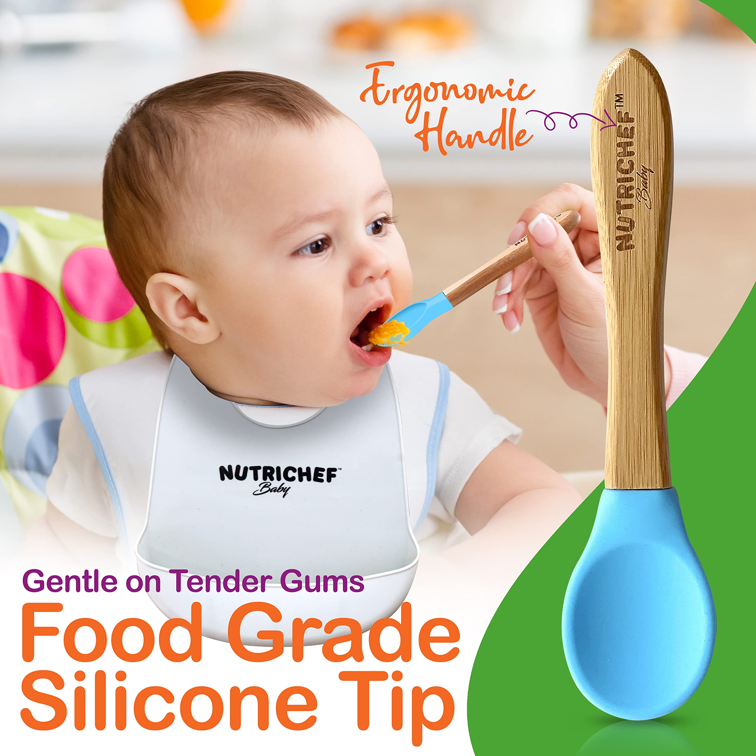 Nutrichef 2 Piece Baby & Toddler Spoon Set, All Natural Wooden Spoon Set w/Soft Curved Food Grade Silicone Head, Self-Feeding Utensils, BPA Free, Toddler & Child Tableware for ages 4 months- 6 years