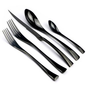 jankng 20-piece 18/10 stainless steel serrated steak knife flatware set, mirror polishing black, service for 4