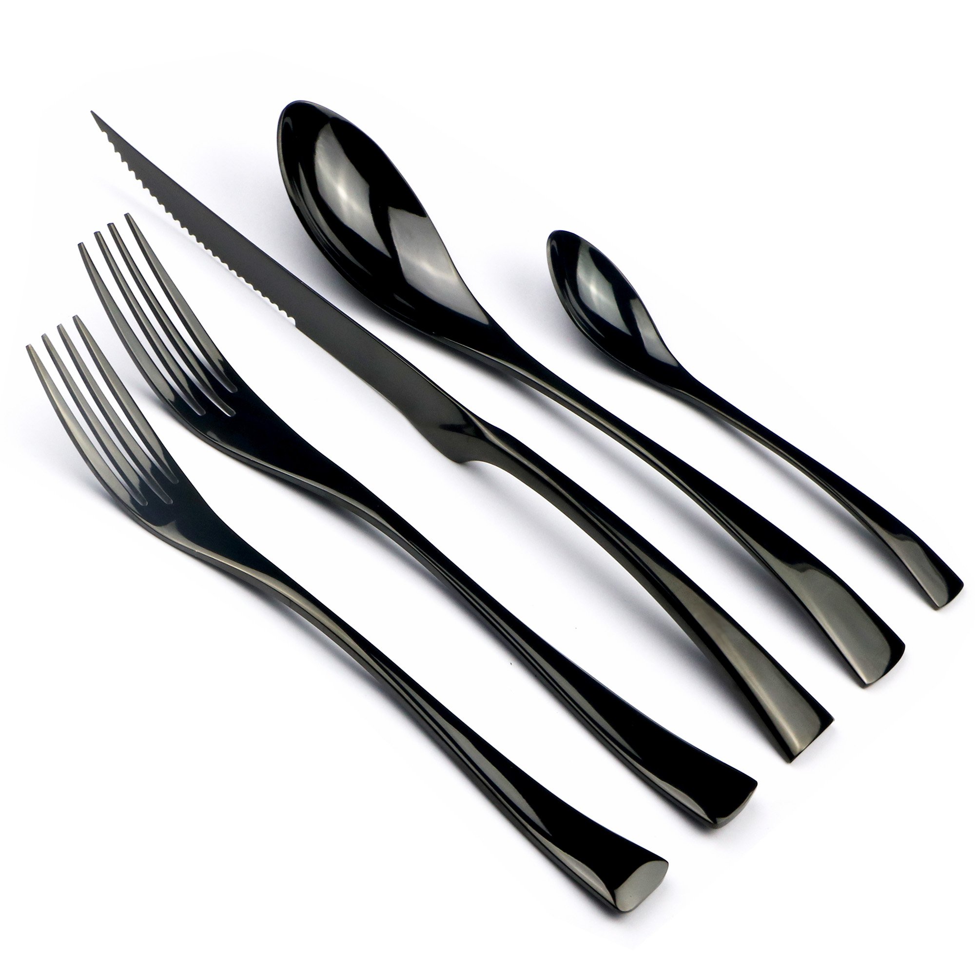 JANKNG 20-Piece 18/10 Stainless Steel Serrated Steak Knife Flatware Set, Mirror Polishing Black, Service for 4