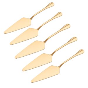 gold pie server stainless steel, hoften cake pie pastry server set of 5, professional dessert server for cake cheese pie pizza and more, serrated cake knife （8.93inch length)