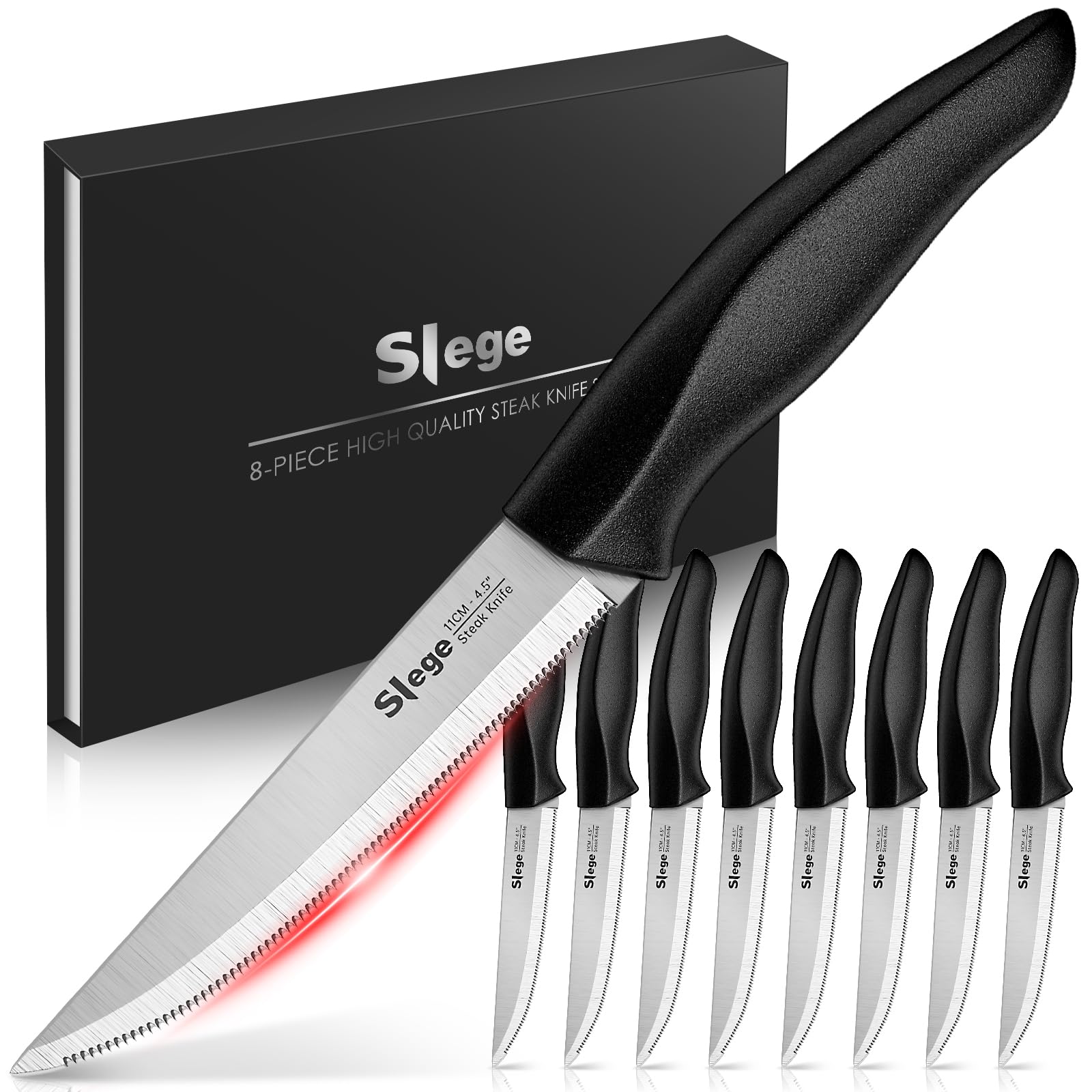 Slege Steak Knives Set of 8, Serrated Stainless Steel Knives with Gift Box, Dishwasher Safe - Classic Black