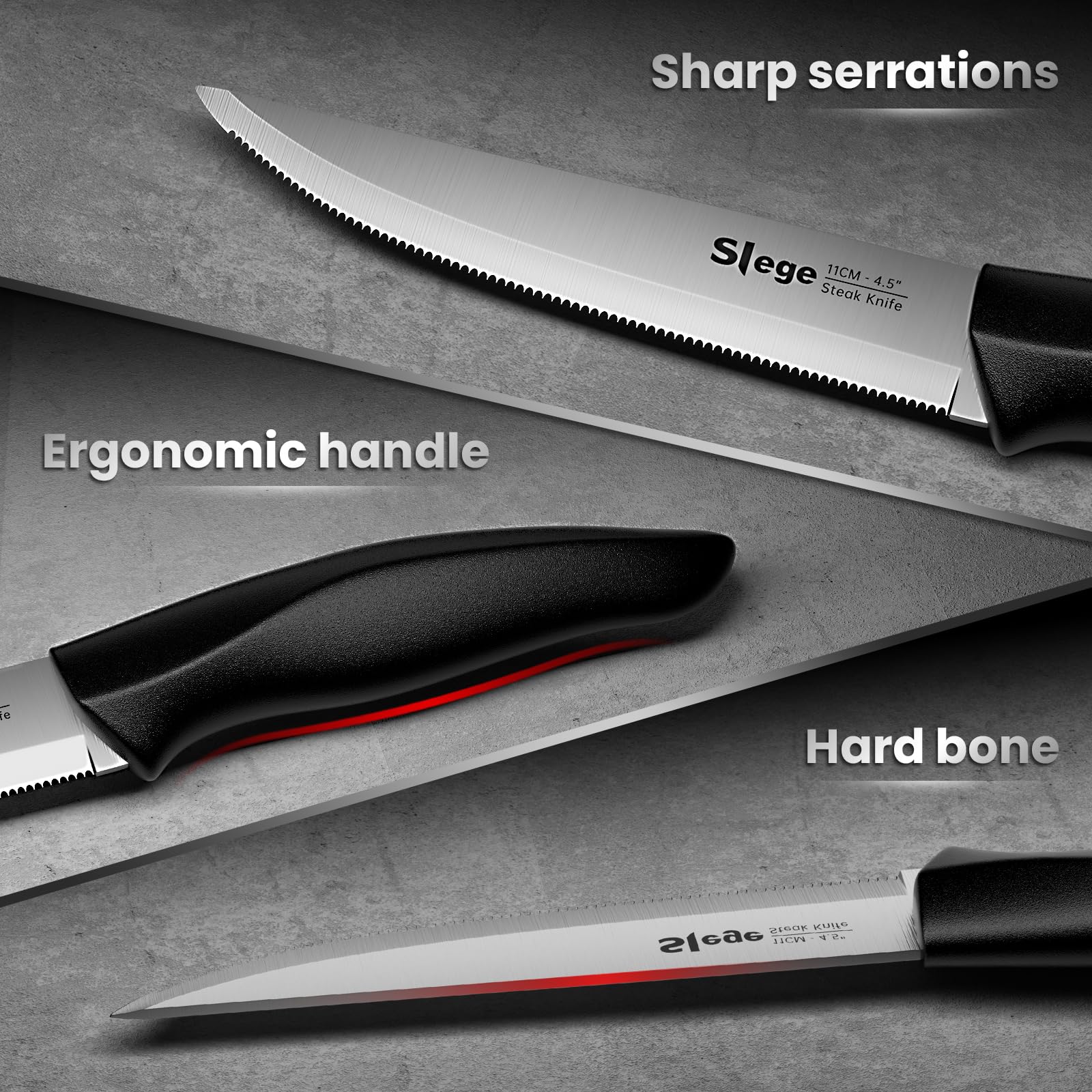 Slege Steak Knives Set of 8, Serrated Stainless Steel Knives with Gift Box, Dishwasher Safe - Classic Black