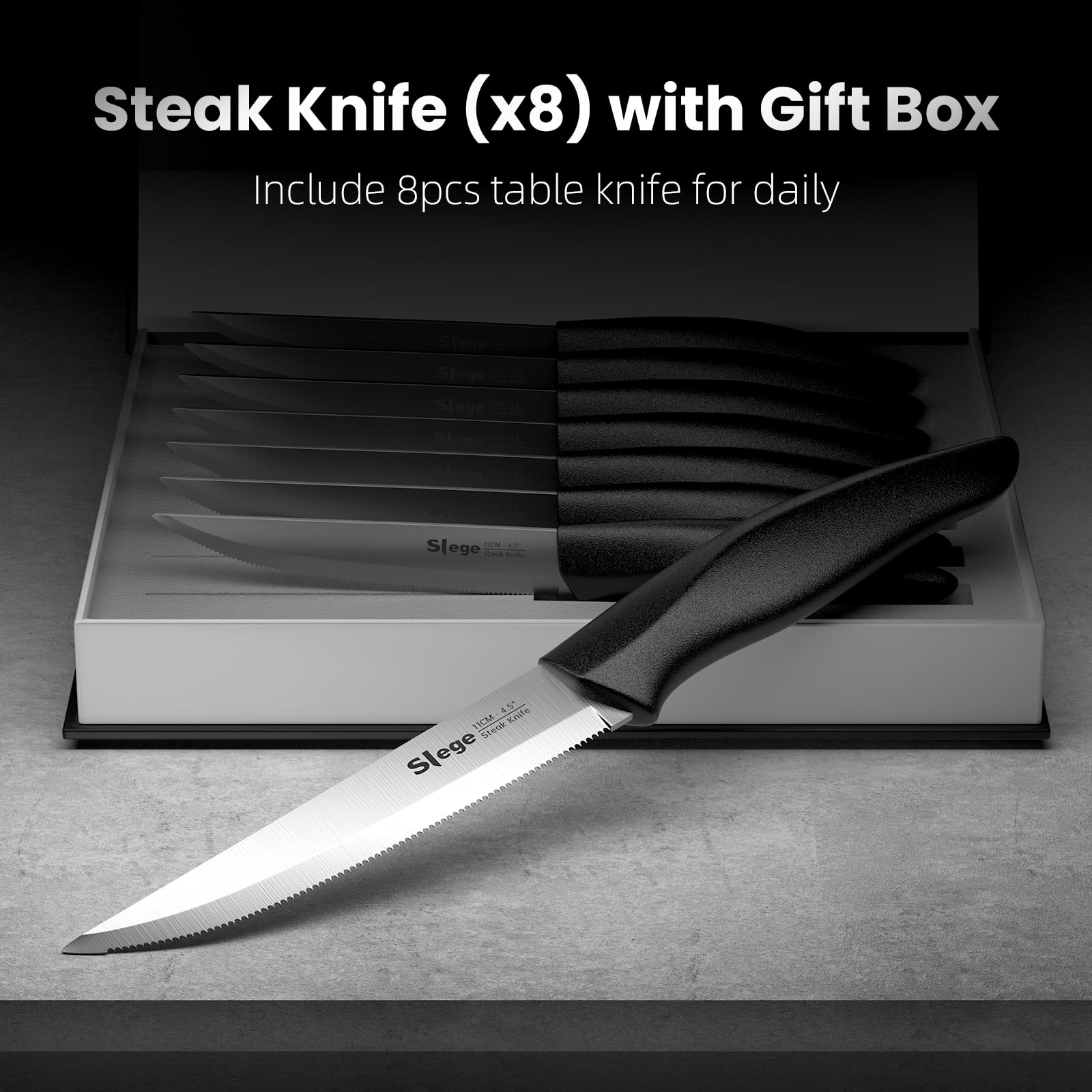 Slege Steak Knives Set of 8, Serrated Stainless Steel Knives with Gift Box, Dishwasher Safe - Classic Black