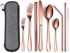 aarainbow 9 pieces stainless steel flatware set portable reusable cutlery set travel utensils set including chopsticks knife fork spoon straws cleaning brush dishwasher safe (9 rose gold)