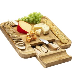 mitbak charcuterie board tray with 4 cheese knives | bamboo cheese board serving tray | cutting board platter great gift for christmas, thanksgiving | 13 x 13 x 1.5 inches