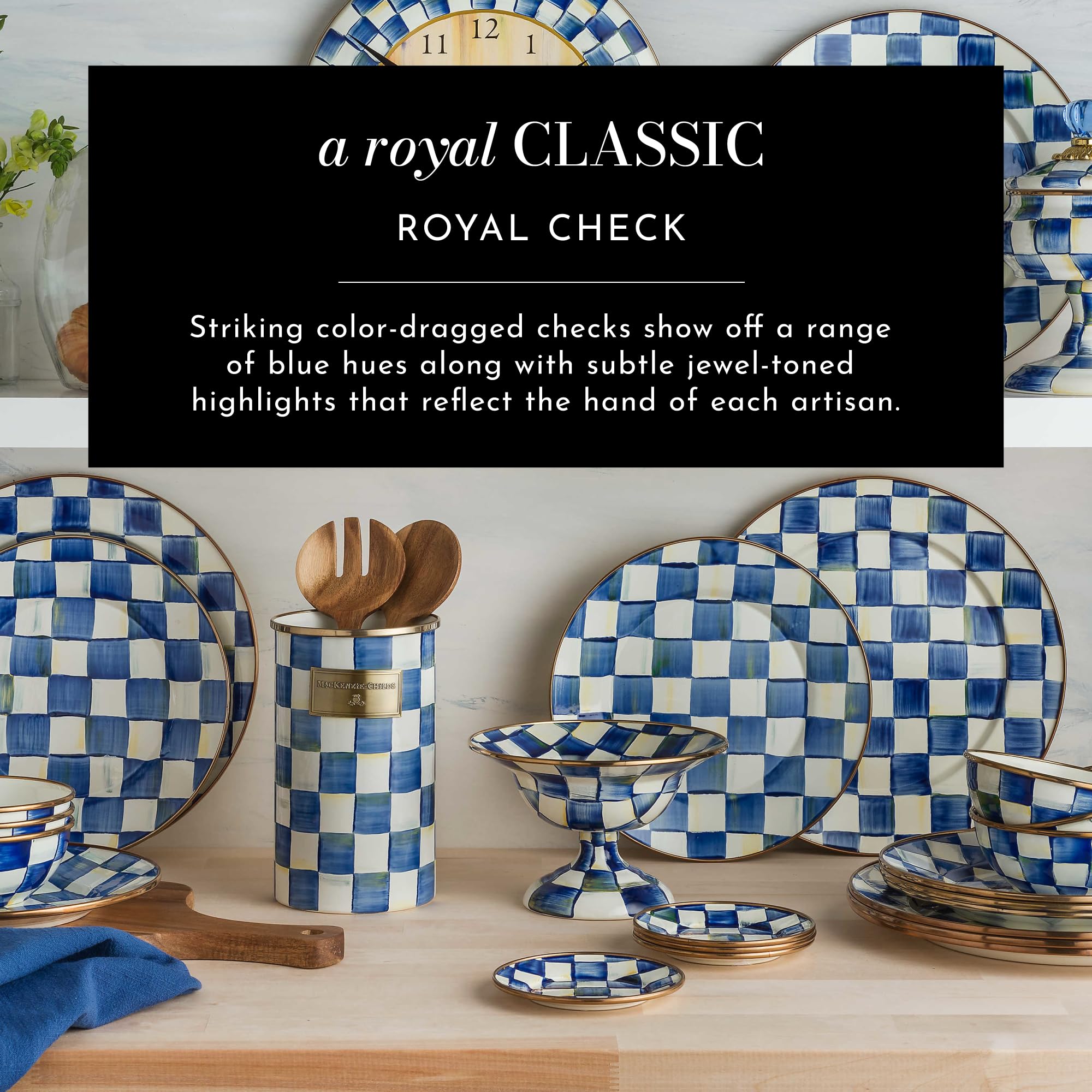 MACKENZIE-CHILDS Royal Check Enamel Salad Serving Set, Enamel Bowl and Wooden Salad Servers, Decorative Kitchen Dish