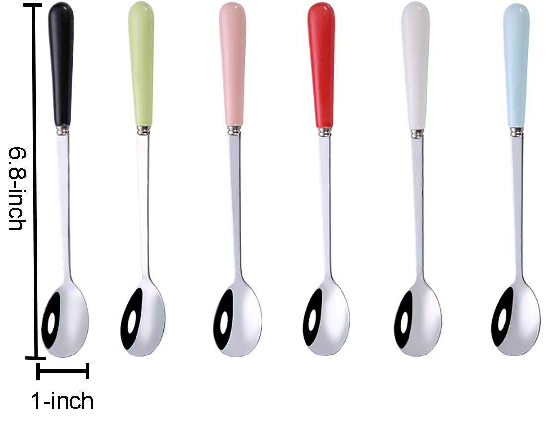 Goeielewe Dinner Spoons Set of 6, Stainless Steel Iced Teaspoons with Ceramic Handle 6.8-Inch Long Soup Tablespoons Espresso Coffee Spoons Candy-Colored Mixing Spoon - Mixed Color