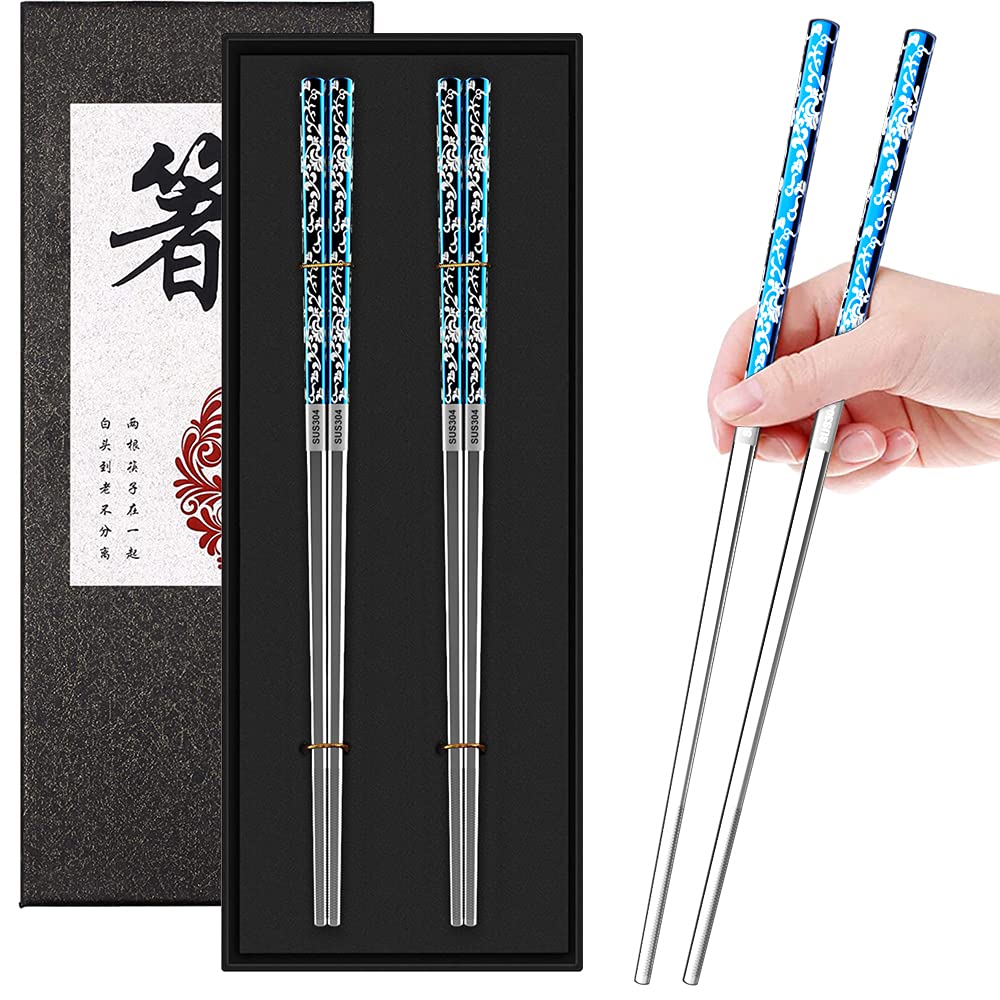 Stainless Steel Chopsticks，Reusable Chopsticks 304 Stainless Steel Chopsticks Lightweight Metal chopsticks Anti-slip Chop Sticks 2 Pairs Chopsticks Dishwasher Healthy (Blue silver)