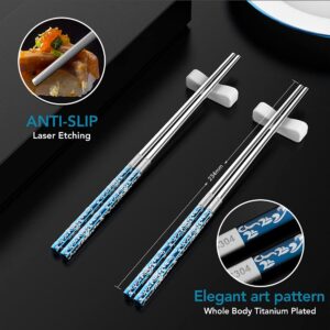 Stainless Steel Chopsticks，Reusable Chopsticks 304 Stainless Steel Chopsticks Lightweight Metal chopsticks Anti-slip Chop Sticks 2 Pairs Chopsticks Dishwasher Healthy (Blue silver)