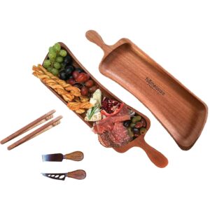 wooden cheese board & charcuterie set with handles - set of 2 wooden tongs, 2 cheese knives - can be used as meat tray, cheese tray, serving board or long serving platter.