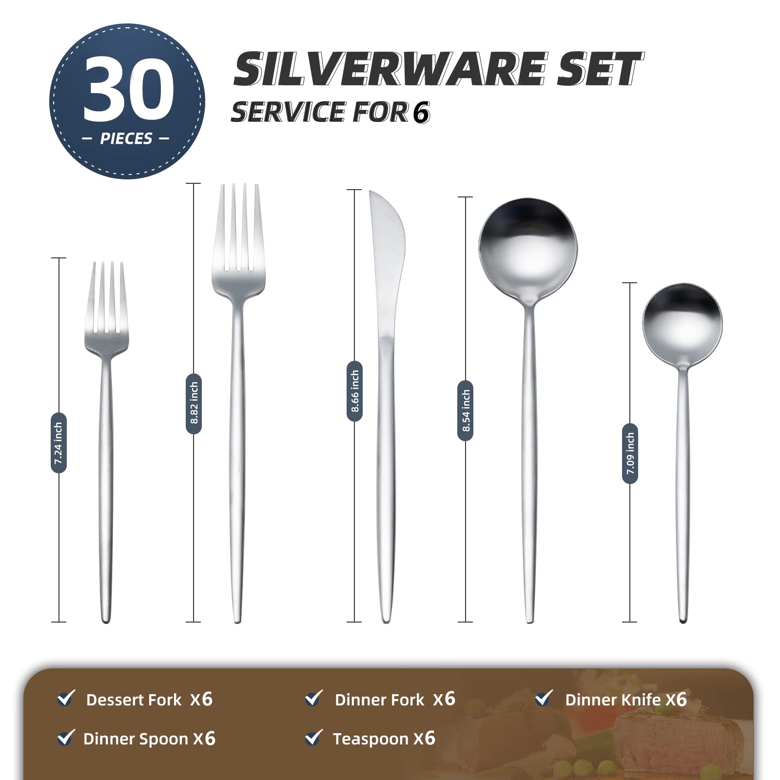 Matte Silverware Set, NURDENX 30-Piece Stainless Steel Satin Finish Flatware Set Service for 6 Tableware Cutlery Set for Home and Restaurant (30 Pieces Silver)