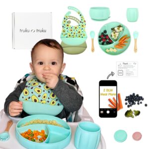 Silicone Baby Feeding Set | truku truku ® | Baby Dinnerware Set - 2 Bibs with Food Catcher, Suction Plates for Baby, Bowl, Toddler Cup, Bamboo Spoon and Fork - Baby Avocado Stuff - 7 pcs (Mint)