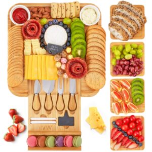 large charcuterie boards with canvas bag four bamboo plates, bamboo cheese board & knife set, unique housewarming gifts new home anniversary wedding gifts for couple, bridal shower for women