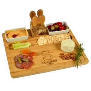 custom personalized engraved bamboo cheese/charcuterie cutting board with ceramic bowls, cheese tools & cheese markers-designed & quality checked in usa