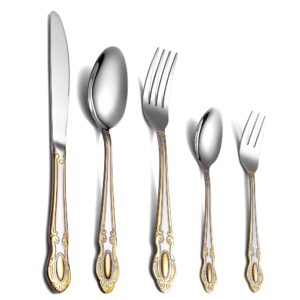 copper silverware set, flatware cutlery set, stainless steel tableware eating utensils, silverware set for 4, perfect for wedding or party, mirror finish dishwasher safe,flower handle,rose gold 20pcs