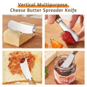 Standing Cheese Butter Spreader Knife Set 4 PCS Charcuterie Accessories Stainless Steel Vertical Spreader Knives with Wooden Handle Charcuterie Board Utensils for Cold Butter Peanut Butter Jam Fruit