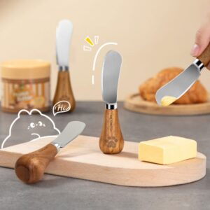 Standing Cheese Butter Spreader Knife Set 4 PCS Charcuterie Accessories Stainless Steel Vertical Spreader Knives with Wooden Handle Charcuterie Board Utensils for Cold Butter Peanut Butter Jam Fruit