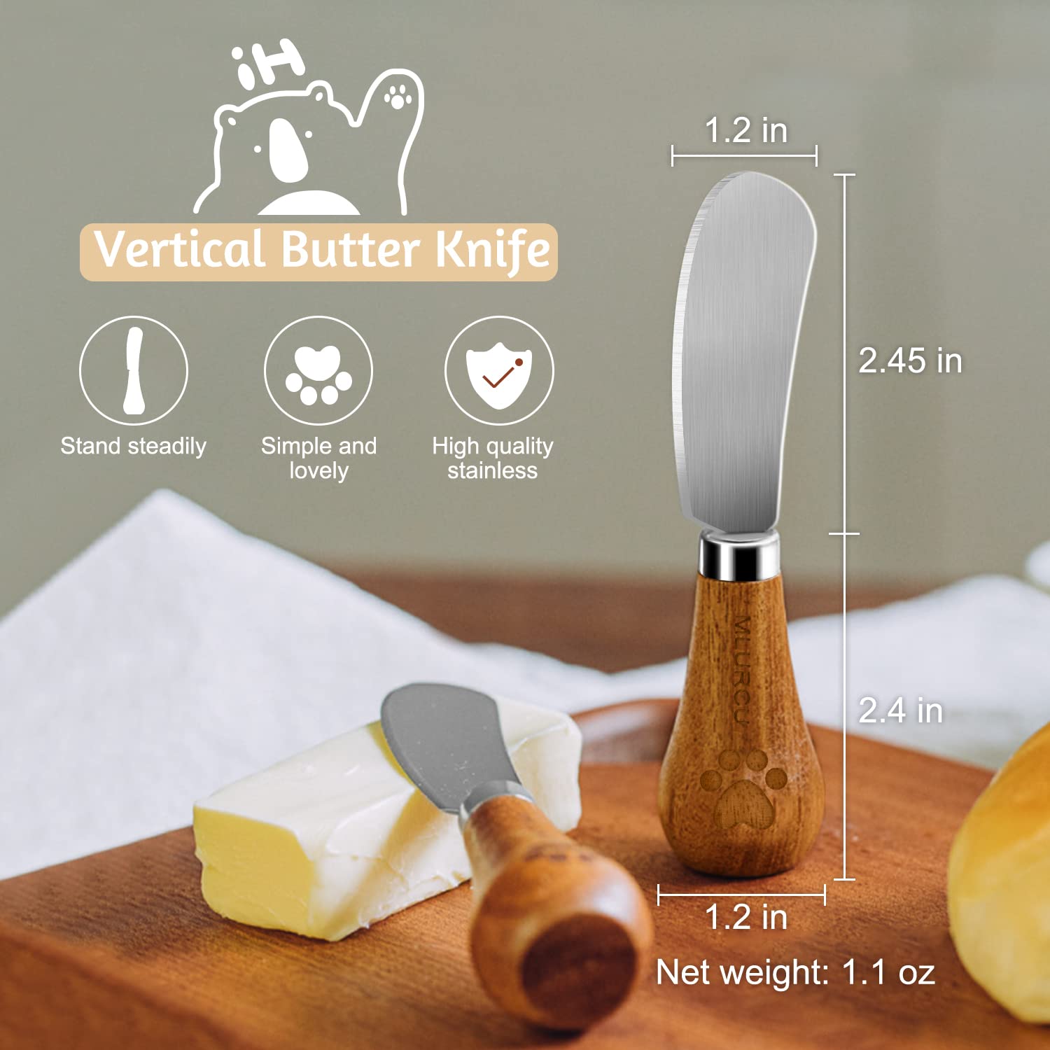 Standing Cheese Butter Spreader Knife Set 4 PCS Charcuterie Accessories Stainless Steel Vertical Spreader Knives with Wooden Handle Charcuterie Board Utensils for Cold Butter Peanut Butter Jam Fruit