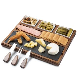 shanik cheese board set - premium black slate blade and 3 stainless steel cutlery - perfect for serving and entertaining - elevate your cheese experience without engraving