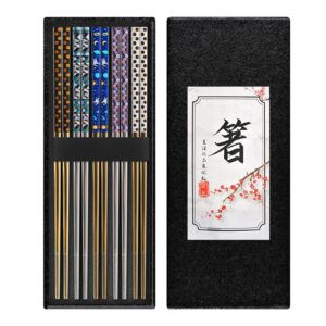 Metal Chopsticks Reusable Chop Sticks 5 Pairs Non-slip Stainless Steel Chopsticks Japanese Korean Chopstick Dishwasher Safe Exquisite Pattern MOUGUTOU Gift Set(Multicolor)