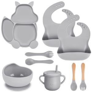 eiwoda baby led weaning supplies silicone baby feeding set, divided baby plates with suction baby bowls,bibs,spoon,fork and cup with straw, toddler essentials eating utensils for babies