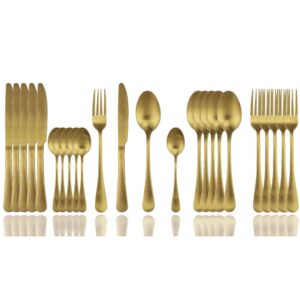 jashii matte gold silverware set, 24-piece stainless steel flatware set, kitchen utensil set service for 6, tableware cutlery set for home and restaurant, dishwasher safe (gold full)