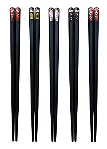 Fiberglass Chopsticks Reusable Korean Japanese Chinese Chop sticks, 5 Pairs 9 1/2 inch Black, Dishwasher safe, Non-slip Stripe gift-box Pack Cool Chopstick