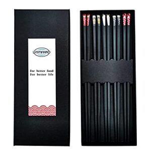 Fiberglass Chopsticks Reusable Korean Japanese Chinese Chop sticks, 5 Pairs 9 1/2 inch Black, Dishwasher safe, Non-slip Stripe gift-box Pack Cool Chopstick