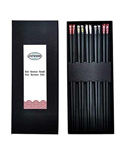 Fiberglass Chopsticks Reusable Korean Japanese Chinese Chop sticks, 5 Pairs 9 1/2 inch Black, Dishwasher safe, Non-slip Stripe gift-box Pack Cool Chopstick