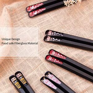 Fiberglass Chopsticks Reusable Korean Japanese Chinese Chop sticks, 5 Pairs 9 1/2 inch Black, Dishwasher safe, Non-slip Stripe gift-box Pack Cool Chopstick