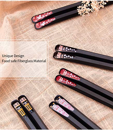 Fiberglass Chopsticks Reusable Korean Japanese Chinese Chop sticks, 5 Pairs 9 1/2 inch Black, Dishwasher safe, Non-slip Stripe gift-box Pack Cool Chopstick