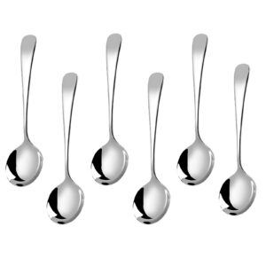metal soup spoons,stainless steel spoons for soup round colorful dinner spoons thick short handle table spoon 6.3-inch, set of 6 (sliver)