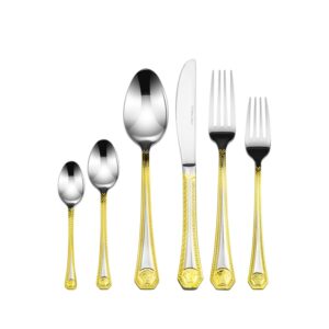 Italian Collection 'Greek Medusa' 75-Piece Premium Surgical Stainless Steel Silverware Flatware Set 18/10, Service for 12, 24K Gold-Plated Hostess Serving Set in a Wooden Case