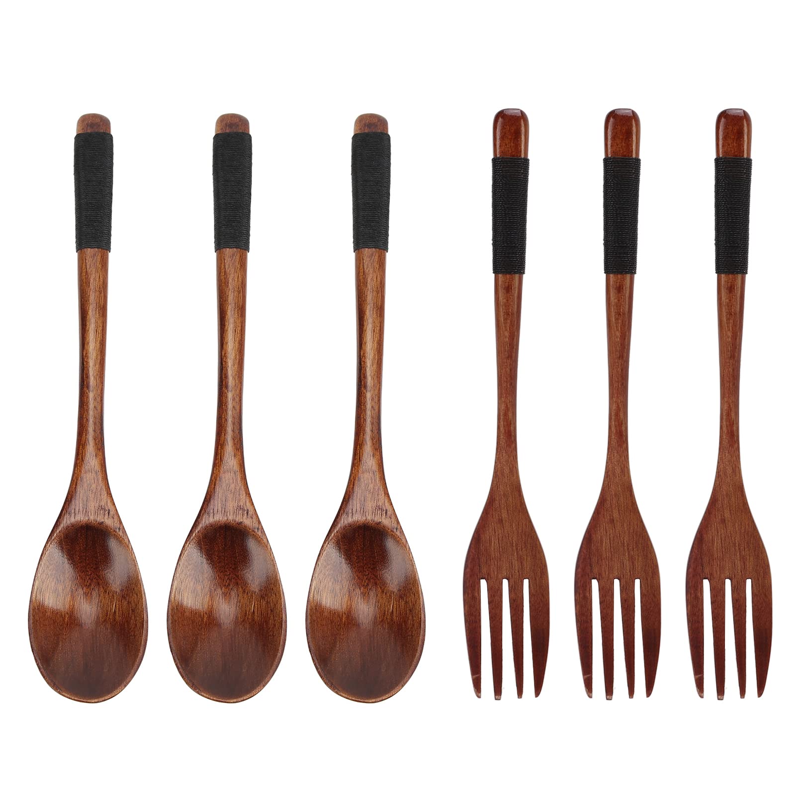 6pcs Spoons and Forks Set, Reusable Wooden Forks and Spoons for Eating 8.9in Japanese Wooden Utensil Set Natural Wood Cutlery