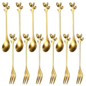 12 pieces stainless steel gold leaf coffee spoon, findtop spoons fruit forks stainless steel mini creative tableware for sugar cake ice cream tea stirring mixing tea spoon and fork set (gold)