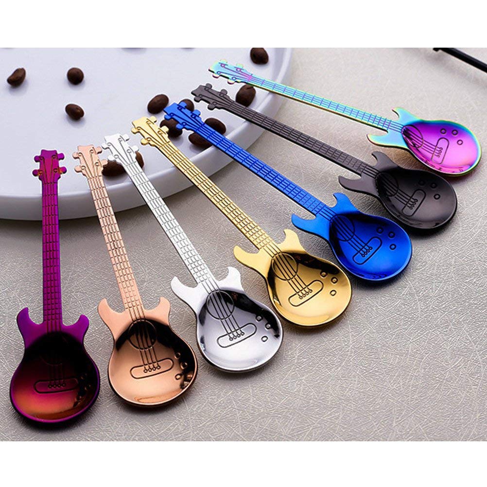 Guitar Coffee Teaspoons,7pcs Stainless Steel Colorful Dessert Spoon Musical Demitasse Spoon Cute Kitchen Utensil for Stirring/Mixing/Dessert/Ice Cream Spoon, Perfect Gifts for Music Guitar Lover