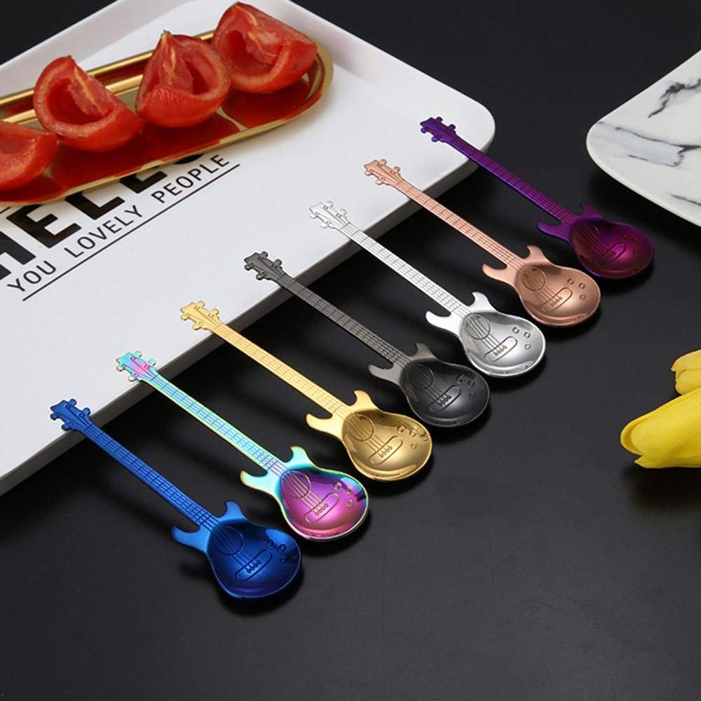 Guitar Coffee Teaspoons,7pcs Stainless Steel Colorful Dessert Spoon Musical Demitasse Spoon Cute Kitchen Utensil for Stirring/Mixing/Dessert/Ice Cream Spoon, Perfect Gifts for Music Guitar Lover