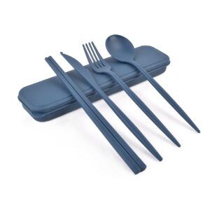 travel utensils with case, reusable knives chopsticks spoons and forks set, portable plastic cutlery set for work picnic camping or daily use (blue)